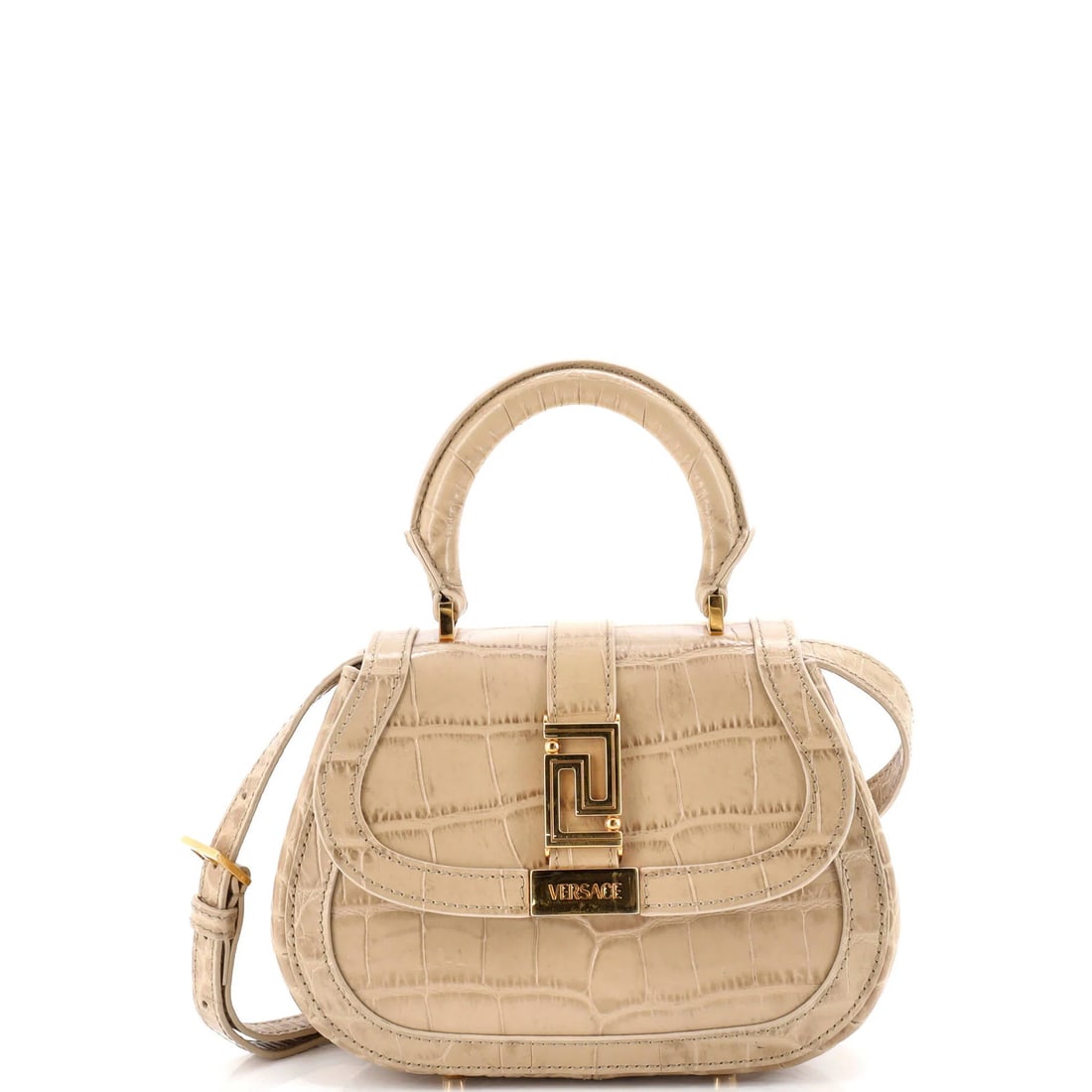 Versace Mini Crocodile Embossed Leather Goddess Top Handle Bag: Versace Mini Crocodile Embossed Leather Goddess Top Handle Bag Elevate your style with the iconic Versace Greca Goddess Top Handle Bag, boasting sleek neutral tones and striking crocodile embossed