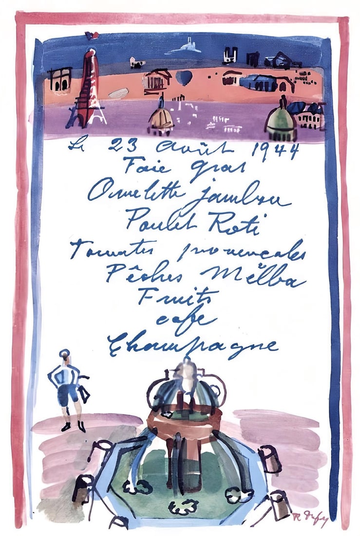 Vacances forces - Raoul Dufy - Le menu de la Libration: Vacances forces - Raoul Dufy - Le menu de la Libration A rare and vibrant lithograph from the esteemed artist Raoul Dufy, 'Le menu de la Libration' is a stunning example of French modernism. Printed