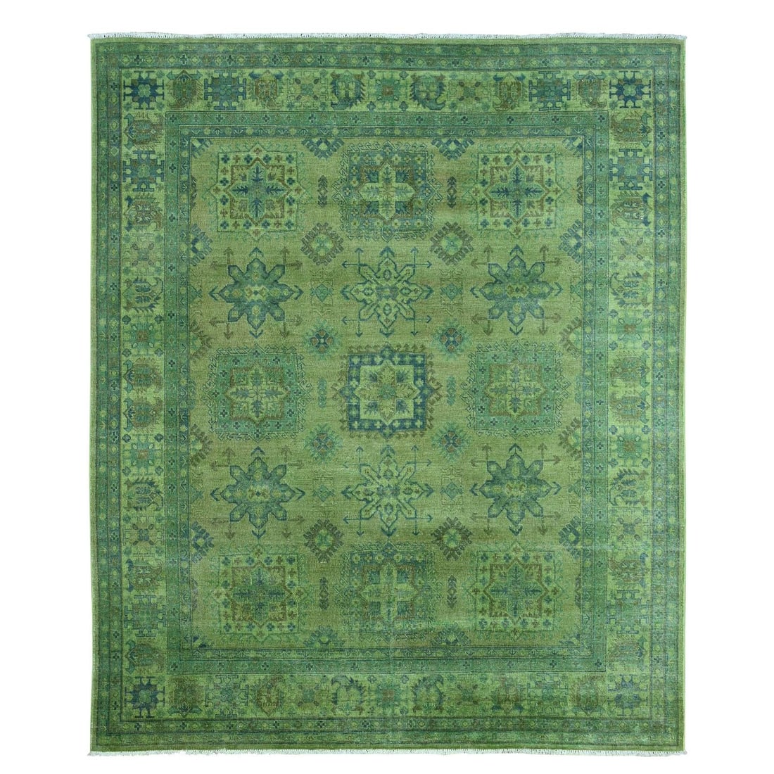 Rug 8'x9'7" Green Overdyed Kazak Geometric Pattern Pure Wool Hand Knotted: Rug 8'x9'7" Green Overdyed Kazak Geometric Pattern Pure Wool Hand Knotted Experience the rich cultural heritage of Afghanistan with this stunning 8'x9'7" Green Overdyed Kazak Geometric Pattern Pure Wo