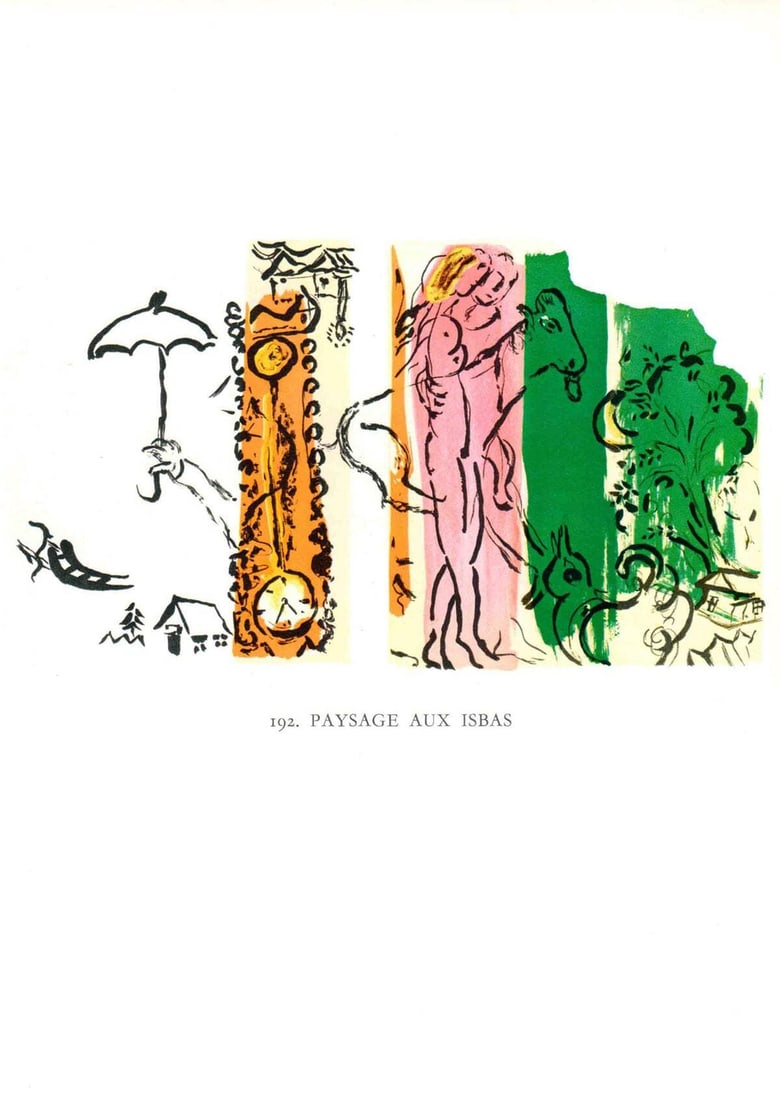 Modernism MARC CHAGALL Paysage aux Isbas 12.5" x 9.75" Lithograph 1963: Modernism MARC CHAGALL Paysage aux Isbas 12.5" x 9.75" Lithograph 1963 Experience the whimsical world of Marc Chagall with Paysage aux Isbas, a stunning lithograph from 1963. This beautifully crafted