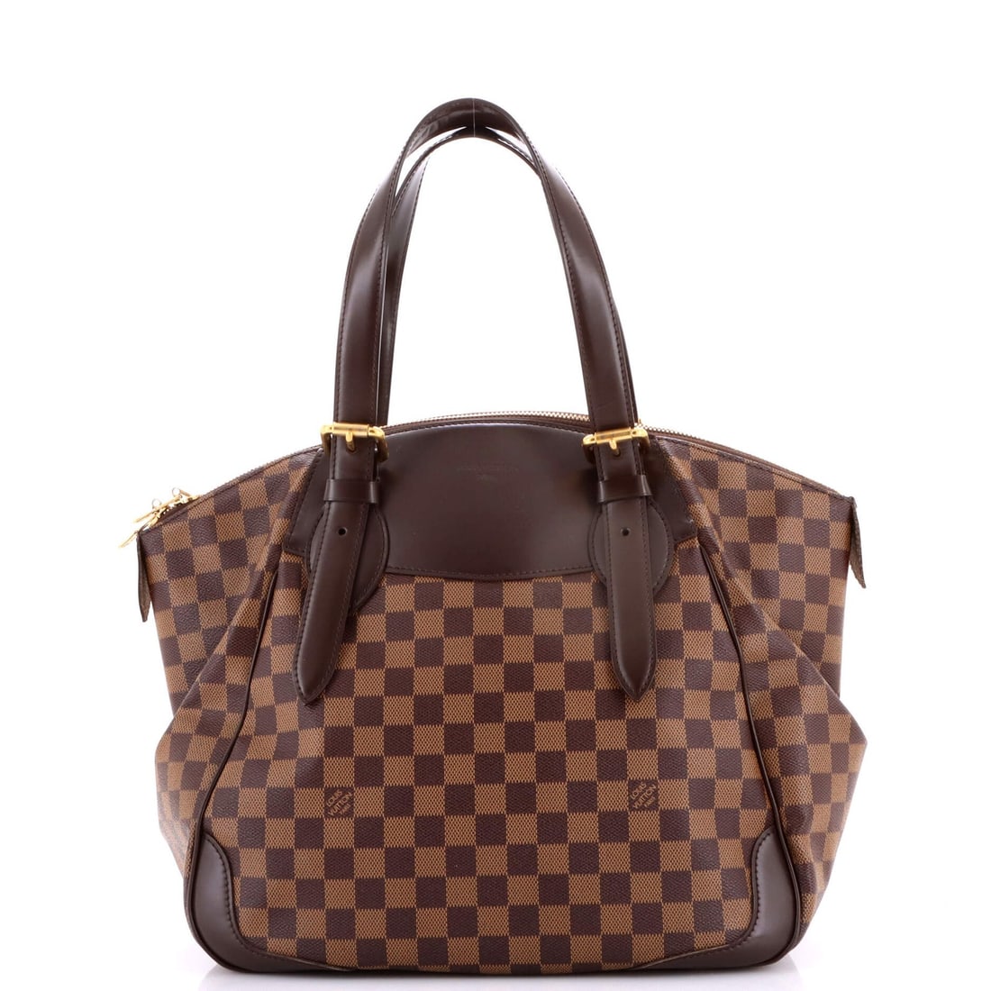 Louis Vuitton Verona Damier MM Handbag: Louis Vuitton Verona Damier MM Handbag Own the timeless elegance of Louis Vuitton's iconic Verona Damier MM handbag, boasting a rich brown canvas exterior with subtle creases and scuffs that add to it