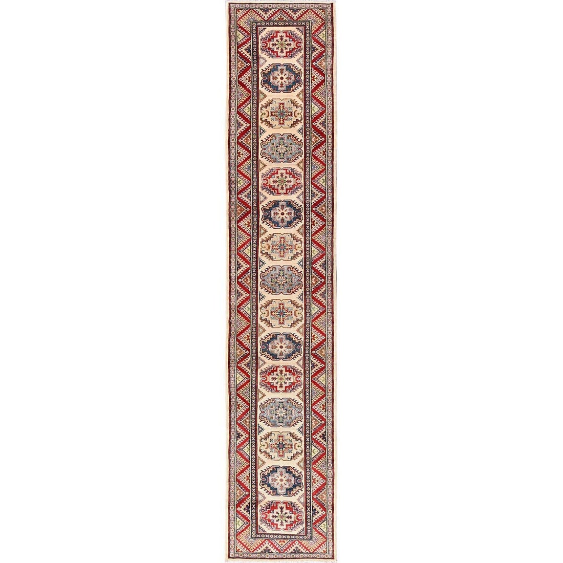 Ivory Geometric Kazak Rug, 2'9"x15'4", Hand-Knotted Wool Runner: Ivory Geometric Kazak Rug, 2'9"x15'4", Hand-Knotted Wool Runner Experience the timeless beauty of Afghan craftsmanship with this stunning Ivory Geometric Kazak Rug, hand-knotted from rich wool to