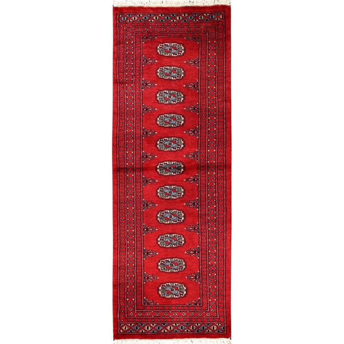 Runner 2'x6' Red Princess Bokara Tribal Medallions Rug Wool Hand Knotted: Runner 2'x6' Red Princess Bokara Tribal Medallions Rug Wool Hand Knotted Experience the rich cultural heritage of Afghanistan with this stunning Red Princess Bokara Tribal Medallions Wool Hand-Knotted