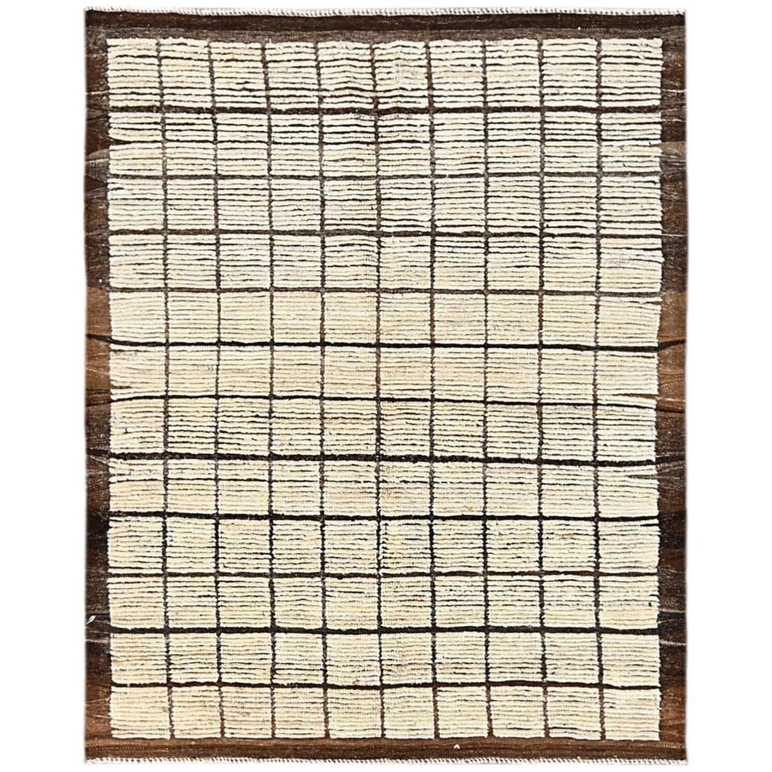 Ivory Moroccan Weave Grid Design Hand-Knotted Natural Wool Rug (4'5"x5'9"): Ivory Moroccan Weave Grid Design Hand-Knotted Natural Wool Rug (4'5"x5'9") Experience the timeless beauty of traditional Moroccan craftsmanship with this stunning ivory wool rug, hand-knotted in