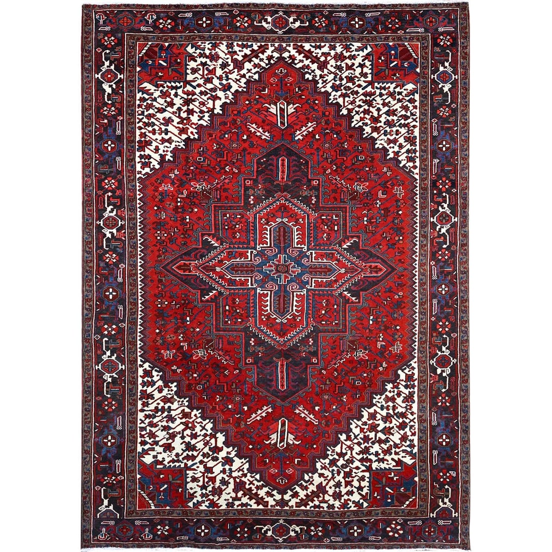 Rug 7'9"x10'8" Watermelon Red Wool Zoroastrian Heris Geometric Hand Knotted: Rug 7'9"x10'8" Watermelon Red Wool Zoroastrian Heris Geometric Hand Knotted Experience the rich cultural heritage of Zoroastrianism with this stunning, hand-knotted wool rug from Turkey, featuring a s