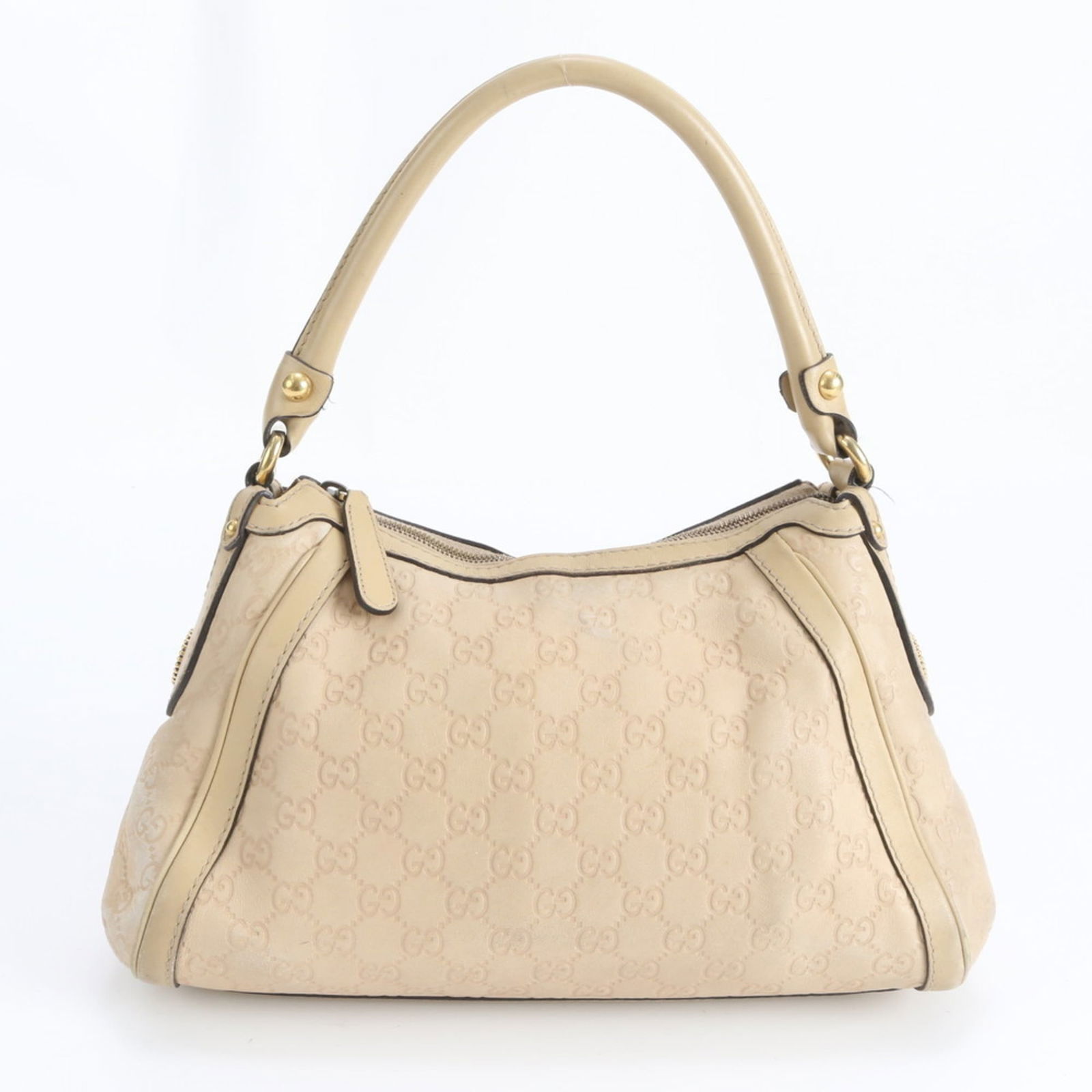 Gucci Leather Shoulder Bag: Gucci Leather Shoulder Bag A timeless Gucci classic, this beige leather shoulder bag boasts sleek lines and premium quality that exudes sophistication. With its spacious interior and adjustable 45cm s
