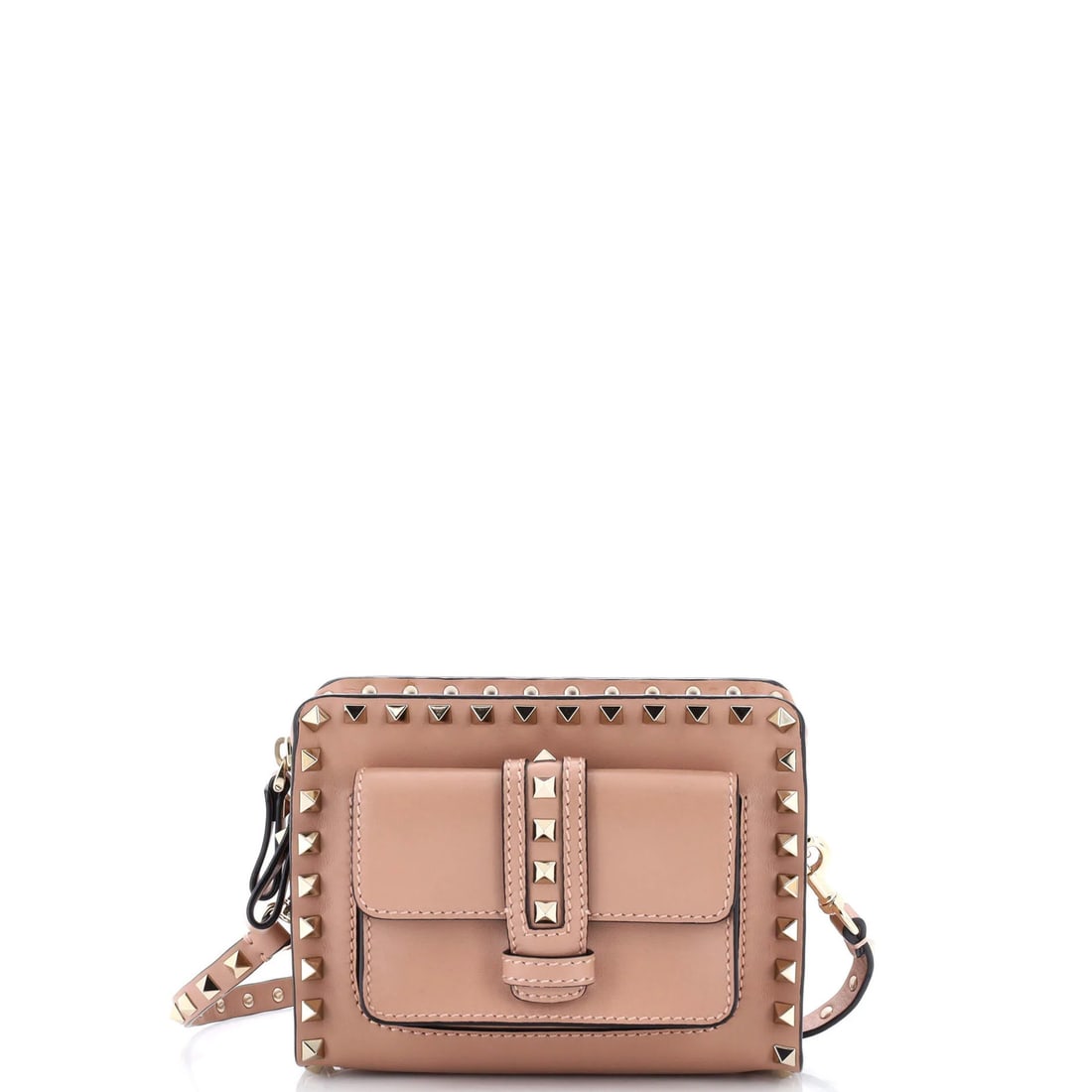Valentino Garavani Rockstud Mini Leather Shoulder Bag with Front Pocket: Valentino Garavani Rockstud Mini Leather Shoulder Bag with Front Pocket Elevate your everyday style with the iconic Rockstud Mini Leather Shoulder Bag from Valentino Garavani. This sleek, neutral-colo