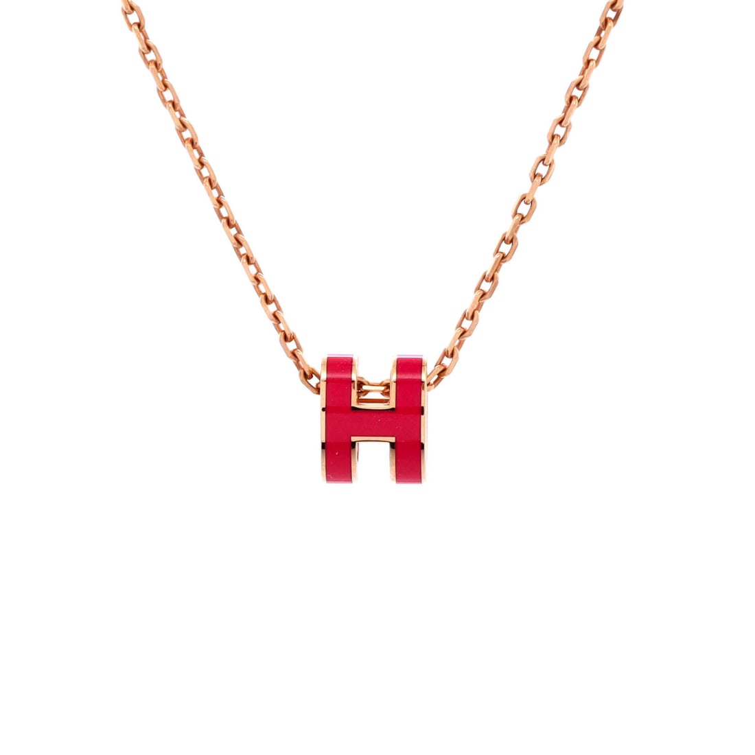 Hermes Mini Pop H Pendant Chain Necklace in Metal & Enamel: Hermes Mini Pop H Pendant Chain Necklace in Metal & Enamel A stunning miniature replica of the iconic Hermes Pop H pendant, this delicate chain necklace shines in gold and pink enamel hues. The
