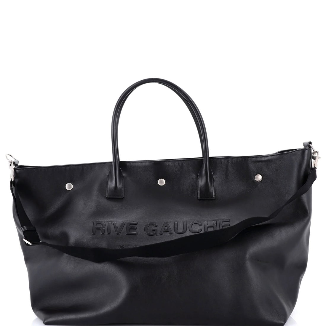 Saint Laurent Rive Gauche Maxi Embossed Leather Tote: Saint Laurent Rive Gauche Maxi Embossed Leather Tote Experience the timeless elegance of Saint Laurent's iconic Rive Gauche Maxi Embossed Leather Tote, boasting sleek black exterior and rich embossed