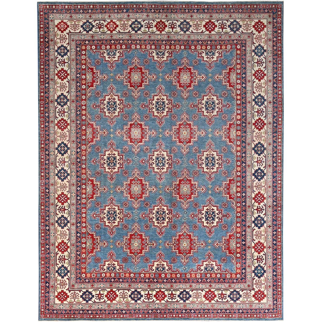 Rug 9'2"x11'9" Blue Hand Knotted Geometric Medallions Pure Wool Oriental: Rug 9'2"x11'9" Blue Hand Knotted Geometric Medallions Pure Wool Oriental Experience the rich beauty of Afghan craftsmanship with this stunning 9'2"x11'9" blue hand-knotted wool rug, featuring intricat