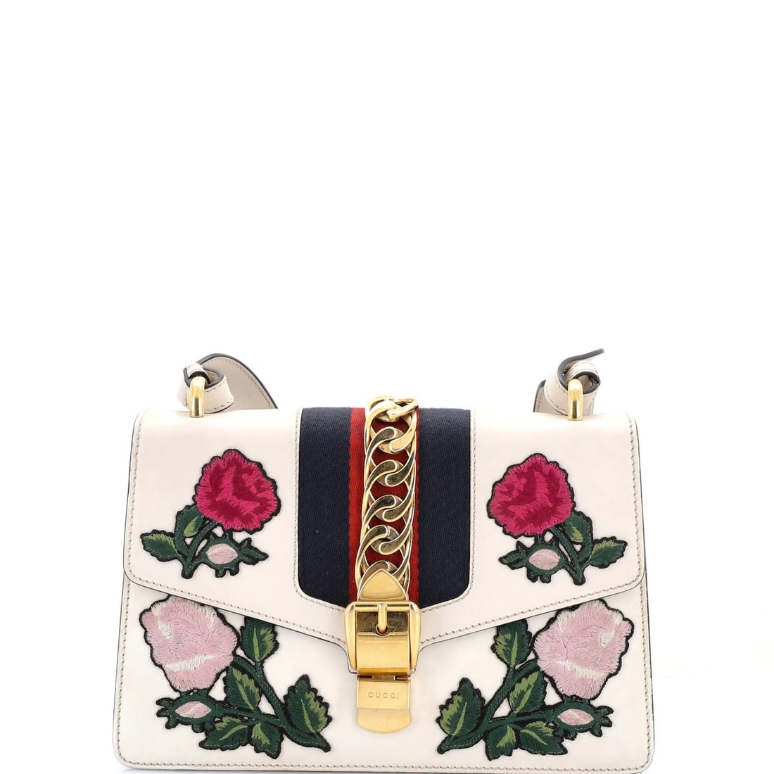 Gucci Sylvie Small Embroidered Leather Shoulder Bag: Gucci Sylvie Small Embroidered Leather Shoulder Bag The Gucci Sylvie Small Embroidered Leather Shoulder Bag is a timeless piece with its classic white exterior and gold hardware, adorned with