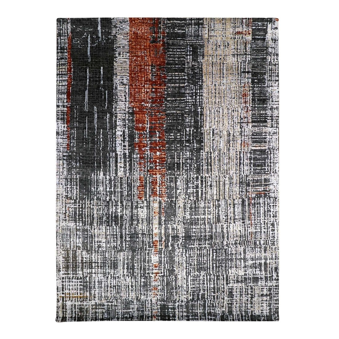 Rug 9'x12'4" Jet Black Organic Wool Hand Knotted Abstract Design: Rug 9'x12'4" Jet Black Organic Wool Hand Knotted Abstract Design Experience the rich textures and subtle nuances of hand-knotted organic wool, expertly woven into a stunning 9'x12'4" abstract design