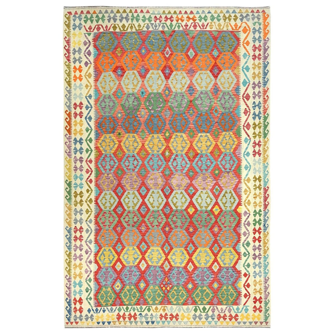 Rug 10'x16' Colorful Hand Woven Afghan Kilim Vibrant Wool Oversized: Rug 10'x16' Colorful Hand Woven Afghan Kilim Vibrant Wool Oversized Experience the vibrant colors and rich texture of an authentic Afghan kilim, hand-woven with high-quality wool to create a stunning