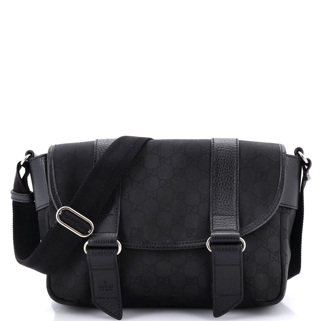 Medium Gucci Double Belt Flap Messenger GG Canvas with Perforated Leather: Medium Gucci Double Belt Flap Messenger GG Canvas with Perforated Leather Experience the iconic Gucci style with this medium Double Belt Flap Messenger bag, boasting a sturdy canvas exterior and