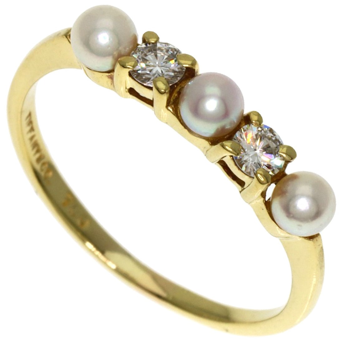 Tiffany & Co. K18 Yellow Gold Diamond Pearl Ring: Tiffany & Co. K18 Yellow Gold Diamond Pearl Ring A timeless masterpiece from Tiffany & Co., this K18 Yellow Gold Diamond Pearl Ring exudes elegance with its rich, 14k gold hue and luminous pearl