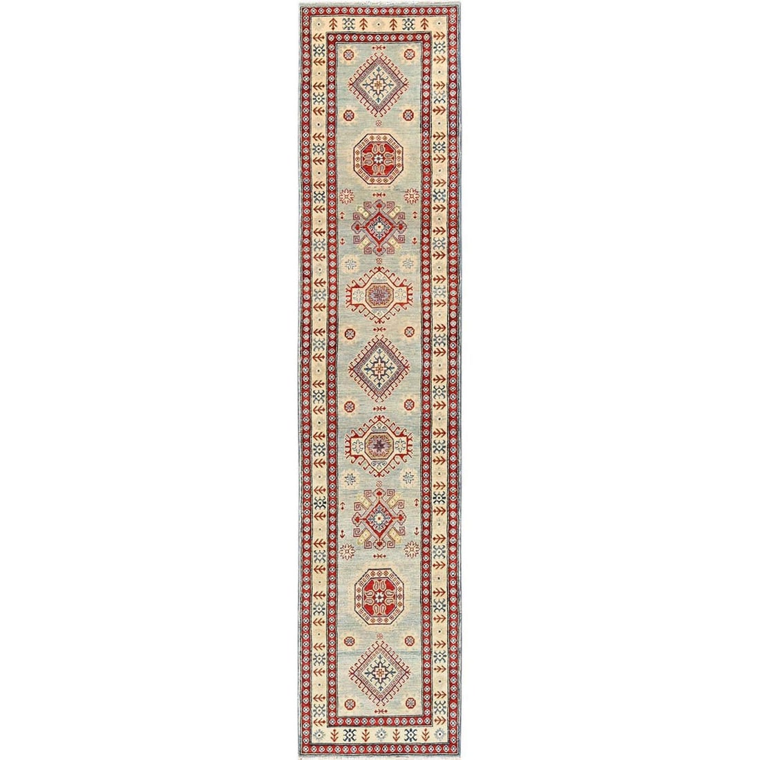 Ivory Kazak Rug, 2'9"x13'7", Hand-Knotted Wool Runner with Geometric Design: Ivory Kazak Rug, 2'9"x13'7", Hand-Knotted Wool Runner with Geometric Design Experience the rich cultural heritage of Afghanistan with this stunning, hand-knotted Ivory Kazak rug, measuring 13'7" in