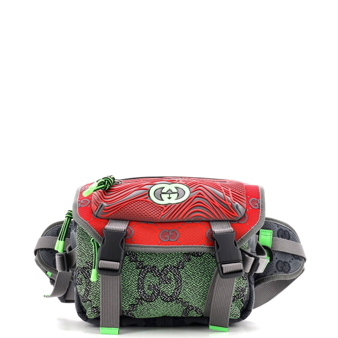 Gucci Buckle Flap Chest Strap Backpack in GG Fabric with Rubber: Gucci Buckle Flap Chest Strap Backpack in GG Fabric with Rubber Elevate your daily style with the iconic Gucci Buckle Flap Chest Strap Backpack, crafted from luxurious GG Fabric and rubber for a