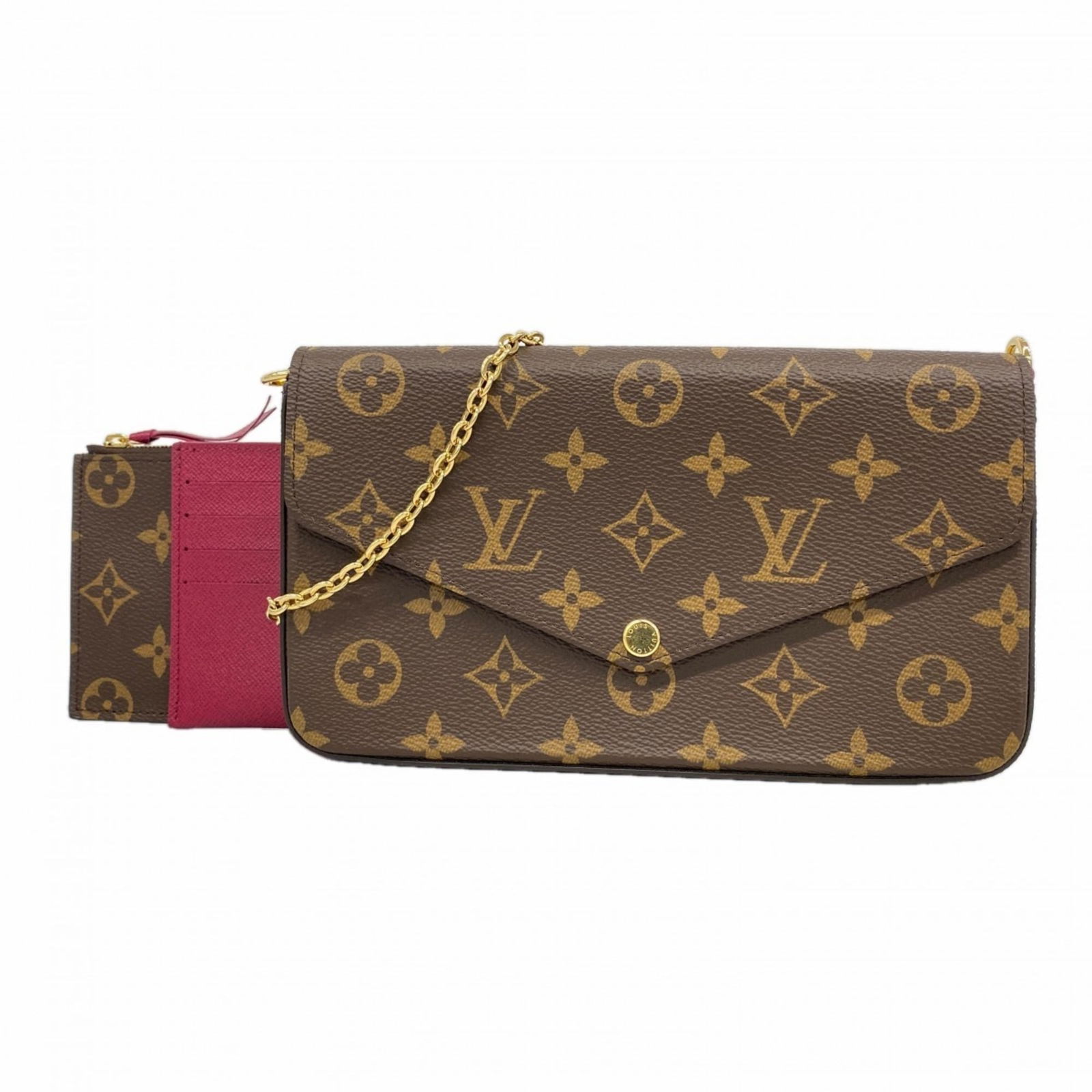 Louis Vuitton Chain and Shoulder Wallet: Louis Vuitton Chain and Shoulder Wallet A stylish and versatile Louis Vuitton shoulder wallet, this fuchsia chain bag is perfect for adding a pop of color to your daily routine. With its sleek design