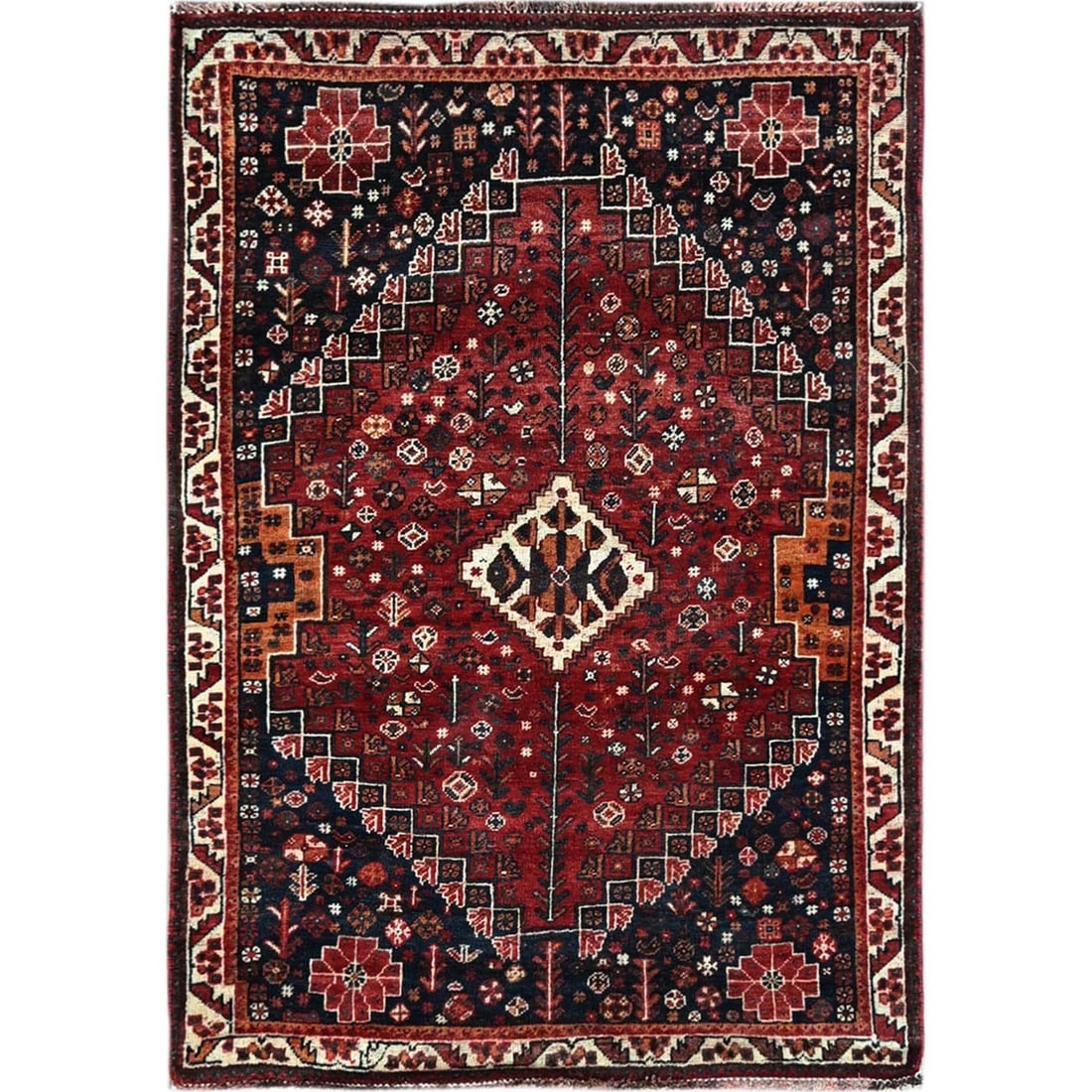 Scarlet Red Vintage Zoroastrian Sheeraz Hand-Knotted All Wool Rug (3'6"x5'1"): Scarlet Red Vintage Zoroastrian Sheeraz Hand-Knotted All Wool Rug (3'6"x5'1") Experience the rich cultural heritage of Turkey with this stunning Scarlet Red Vintage Sheeraz Hand-Knotted All Wool Rug,