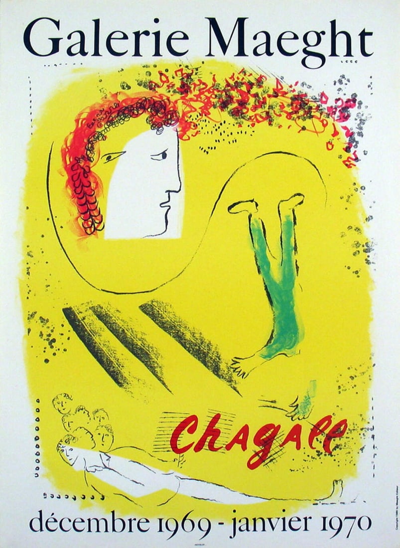 MARC CHAGALL The Yellow Background (1969) - 31" x 22.5" Lithograph: MARC CHAGALL The Yellow Background (1969) - 31" x 22.5" Lithograph Marc Chagall's vibrant 1969 lithograph, The Yellow Background, is a stunning example of the artist's unique blend of fantasy and