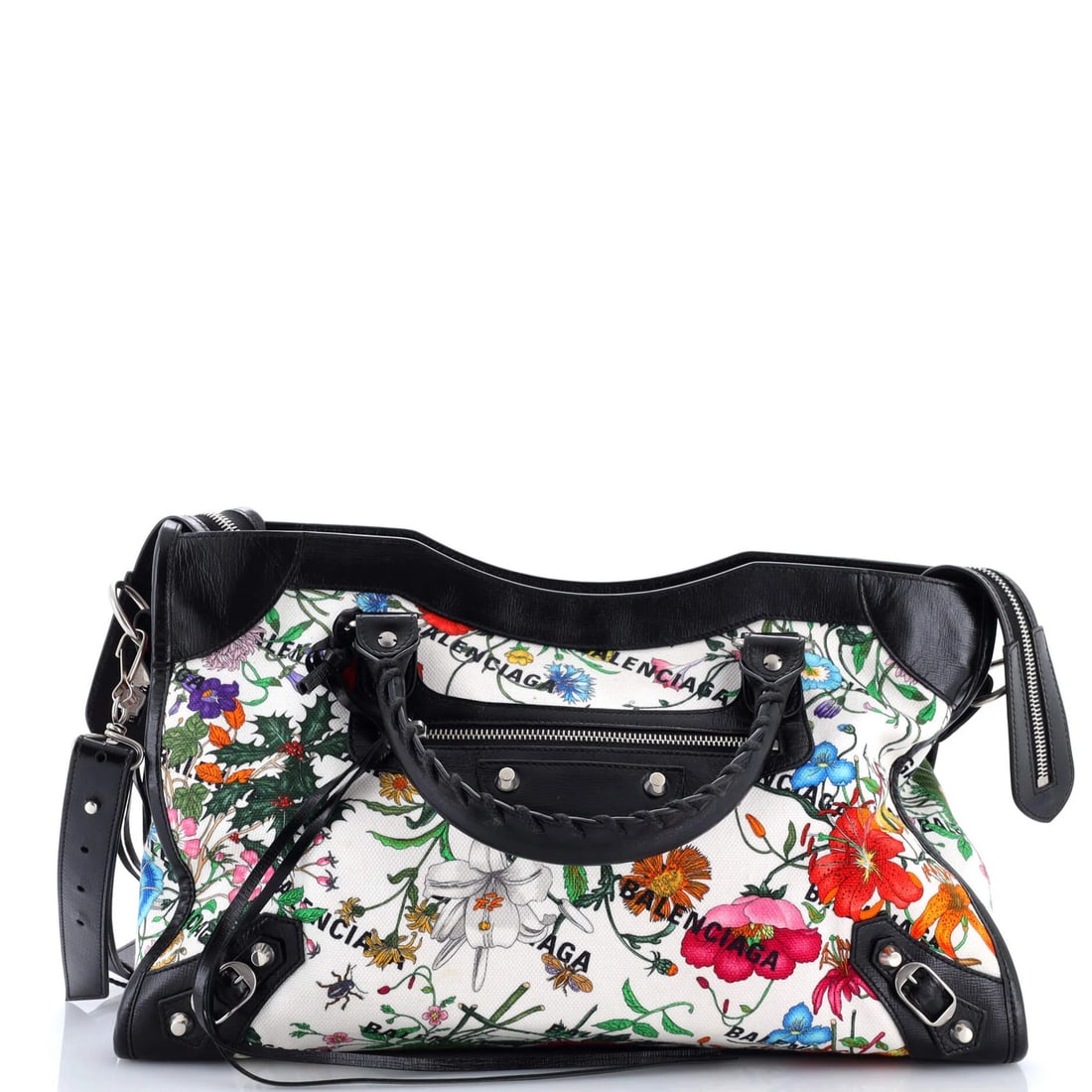 Gucci x Balenciaga Neo Classic City Bag in Flora Canvas Medium: Gucci x Balenciaga Neo Classic City Bag in Flora Canvas Medium Elevate your style with the Gucci x Balenciaga Neo Classic City Bag, boasting a striking Flora Canvas exterior in medium size. This chic
