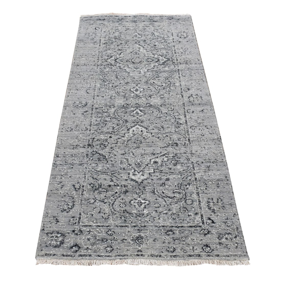Rug 2'6"x6' Gray Zoroastrian Erased Design Silk/ Wool Hand Knotted Runner: Rug 2'6"x6' Gray Zoroastrian Erased Design Silk/ Wool Hand Knotted Runner Experience the rich cultural heritage of India with this exquisite, hand-knotted Zoroastrian runner, expertly woven from silk