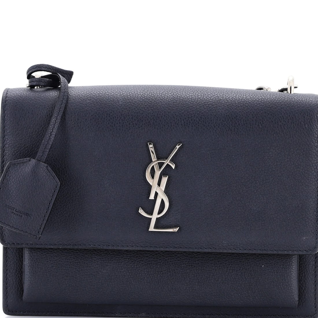 Medium Saint Laurent Sunset Crossbody Bag Leather: Medium Saint Laurent Sunset Crossbody Bag Leather Experience the timeless elegance of Saint Laurent's iconic Sunset Crossbody Bag, crafted from rich blue leather and adorned with sleek silver