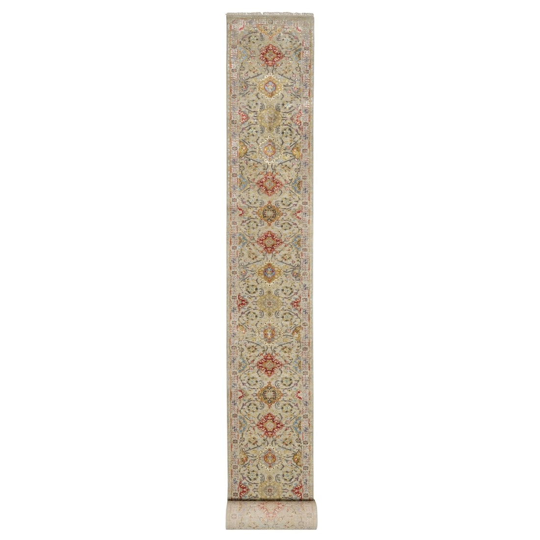 Rug 2'7"x26' Beige The Sunset Rosettes Wool and Silk Hand Knotted Runner: Rug 2'7"x26' Beige The Sunset Rosettes Wool and Silk Hand Knotted Runner Experience the timeless beauty of India's rich cultural heritage with this stunning hand-knotted rug, expertly woven from wool