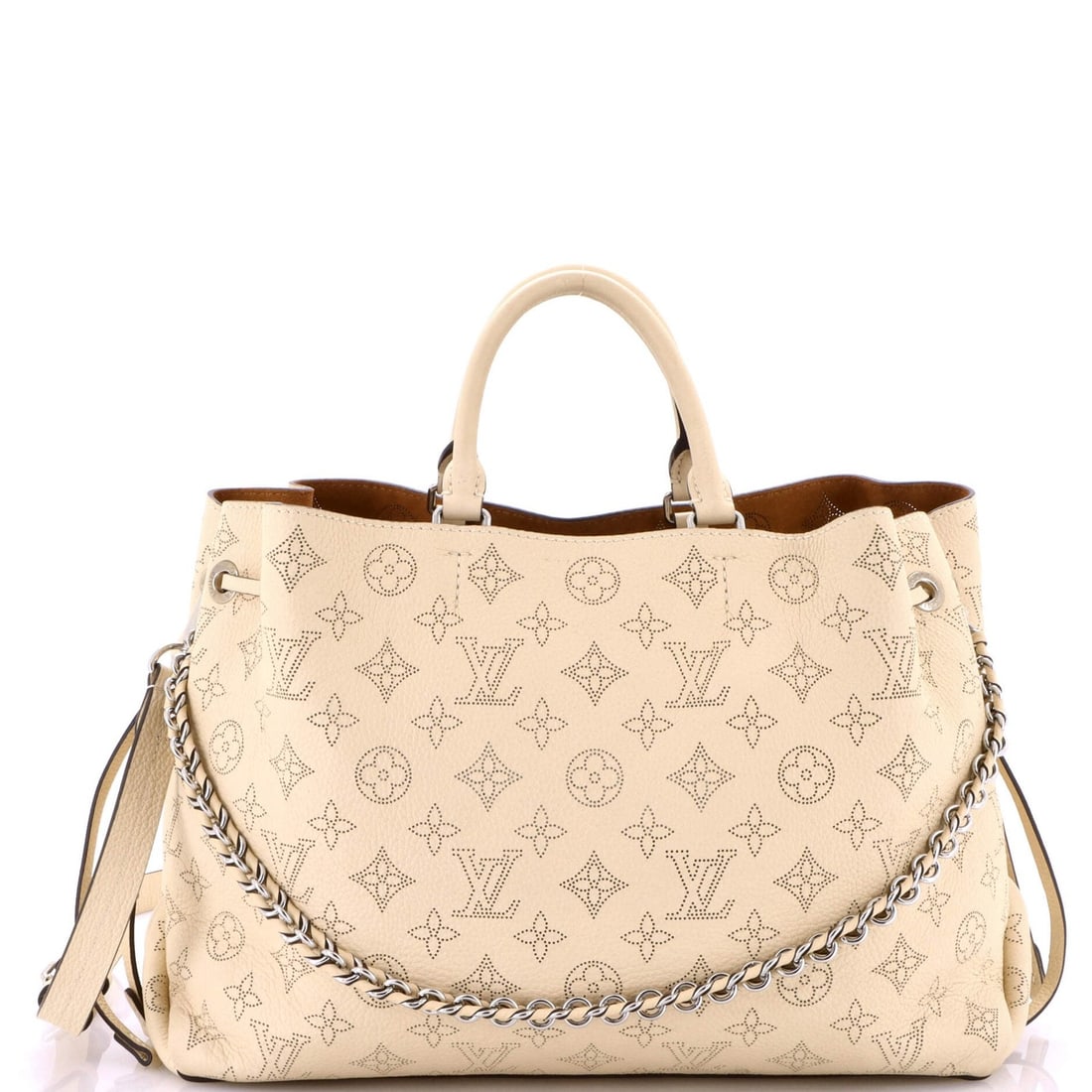 Louis Vuitton Bella Tote in Mahina Leather: Louis Vuitton Bella Tote in Mahina Leather The Louis Vuitton Bella Tote in Mahina Leather is a timeless and sophisticated accessory that exudes luxury. With its neutral exterior, elegant silver