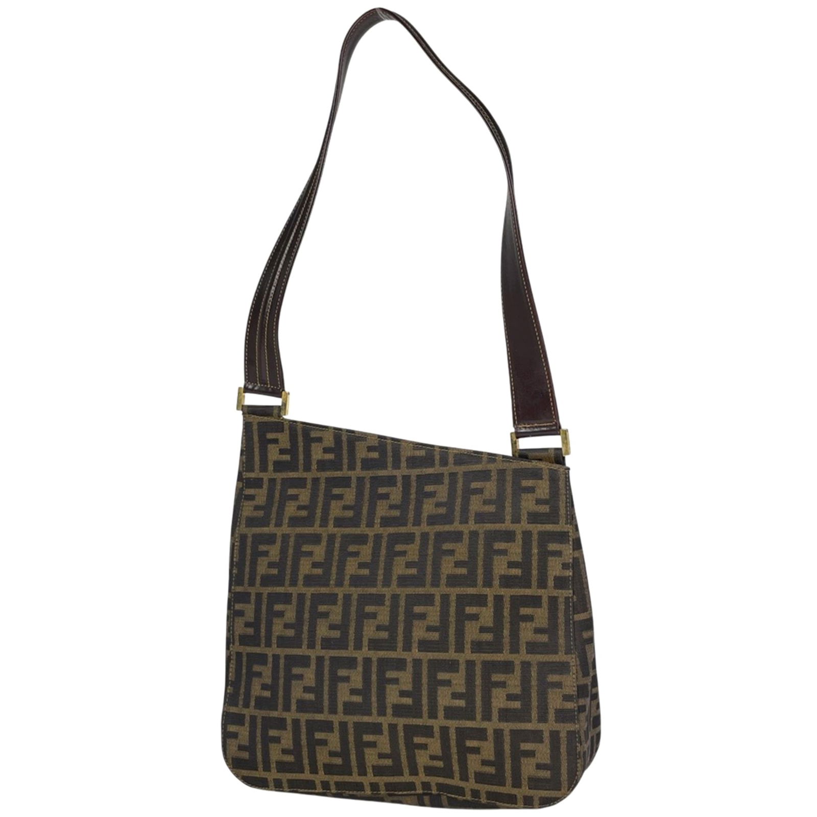 Fendi Canvas and Leather Shoulder Bag: Fendi Canvas and Leather Shoulder Bag Elevate your everyday style with the iconic Fendi shoulder bag, crafted from luxurious canvas and supple leather in rich brown hues. Its timeless design and