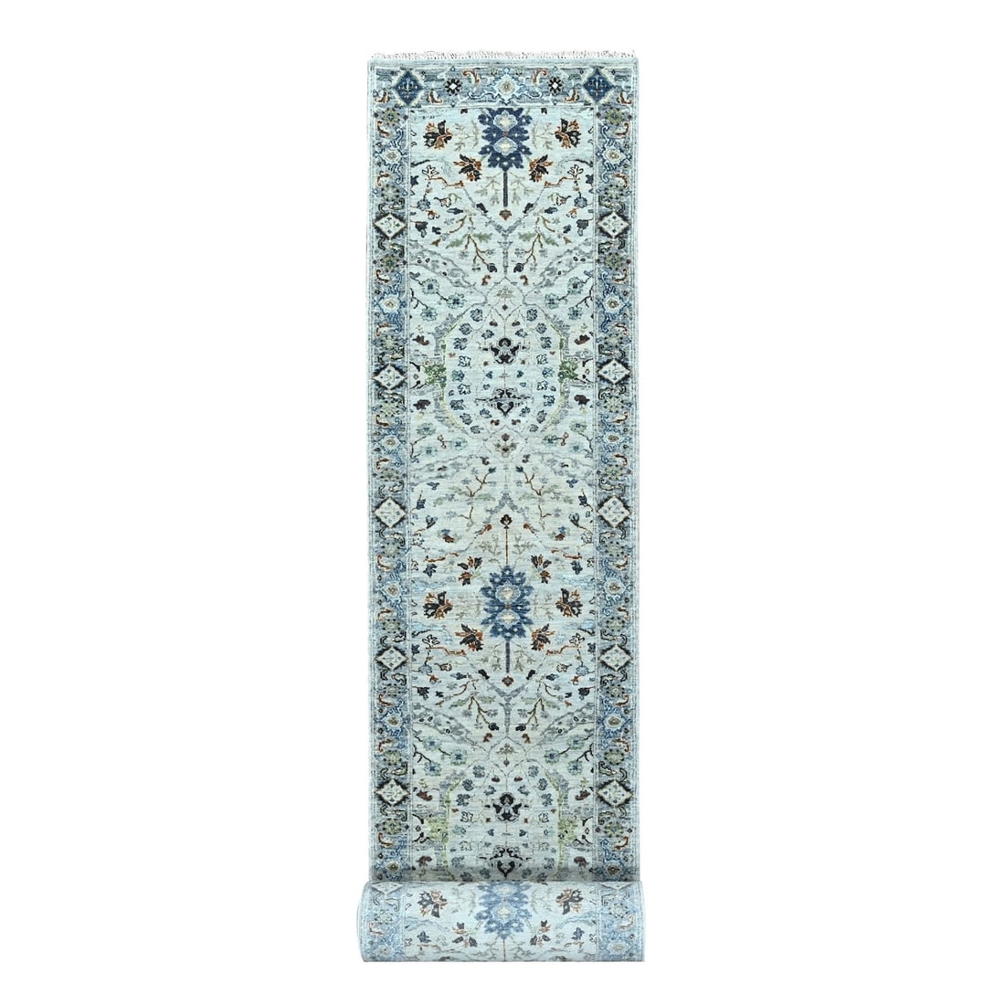 Gray Oushak Floral Motifs Wool XL Hand-Knotted Wool Runner Rug (2'6"x23'10"): Gray Oushak Floral Motifs Wool XL Hand-Knotted Wool Runner Rug (2'6"x23'10") Experience the timeless elegance of Indian craftsmanship with this stunning Gray Oushak Floral Motifs Wool XL Hand-Knotted