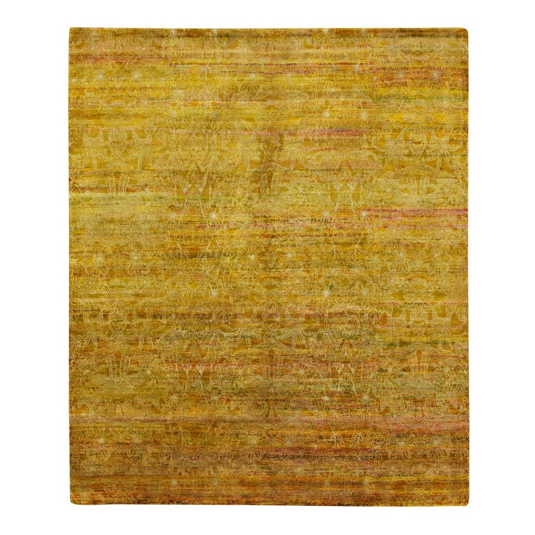 Rug 8'x9'3" Golden Brown with Green Modern Design Sari Silk Hand Knotted: Rug 8'x9'3" Golden Brown with Green Modern Design Sari Silk Hand Knotted Experience the rich beauty of India with this stunning 8'x9'3" Golden Brown Sari Silk Hand Knotted rug, boasting an elegant mod
