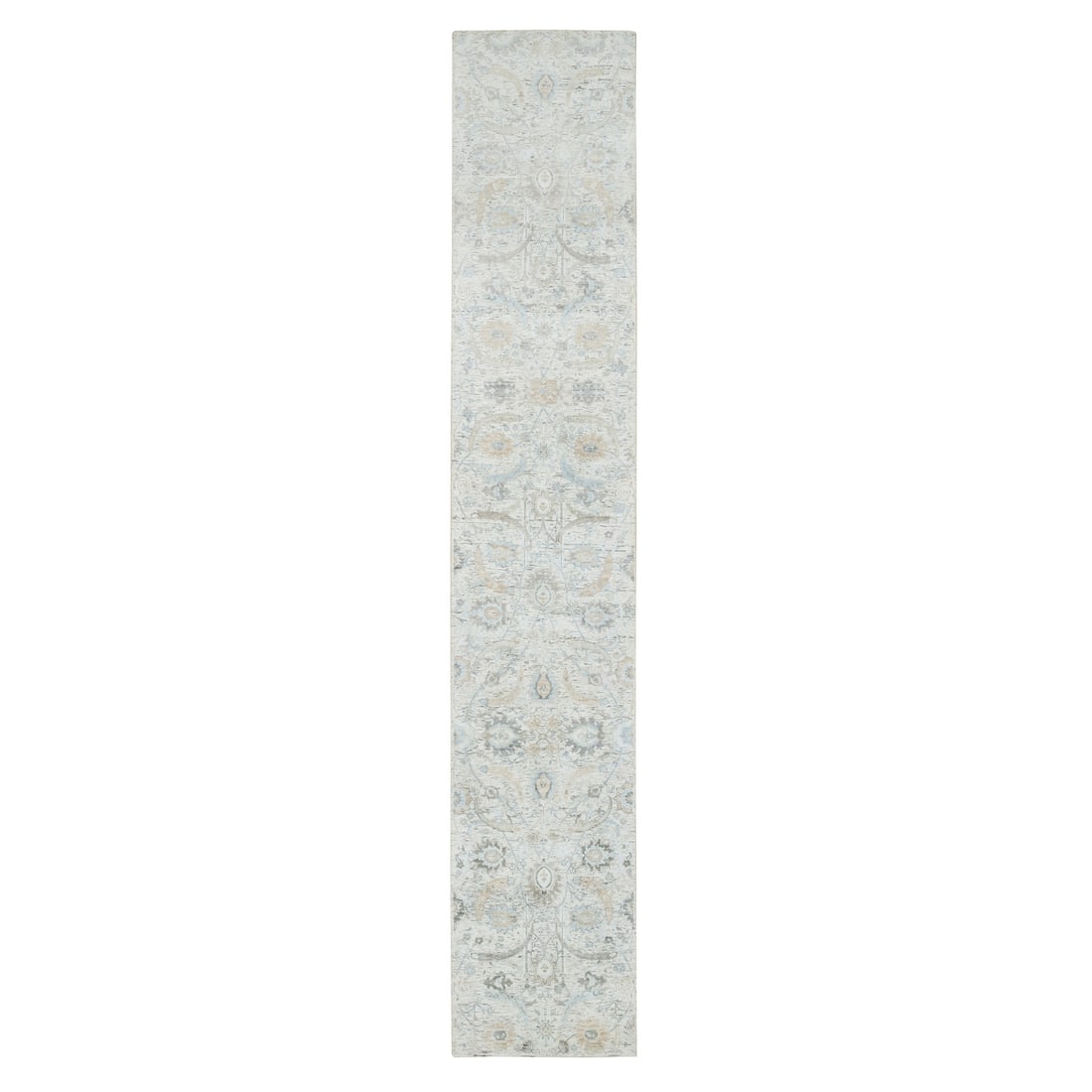 rug 2'6"x14'2" Ivory Sickle Leaf Design Silk/ Wool Hand Knotted Runner: rug 2'6"x14'2" Ivory Sickle Leaf Design Silk/ Wool Hand Knotted Runner Experience the timeless elegance of India's rich cultural heritage with this exquisite ivory silk/wool hand-knotted runner, boast