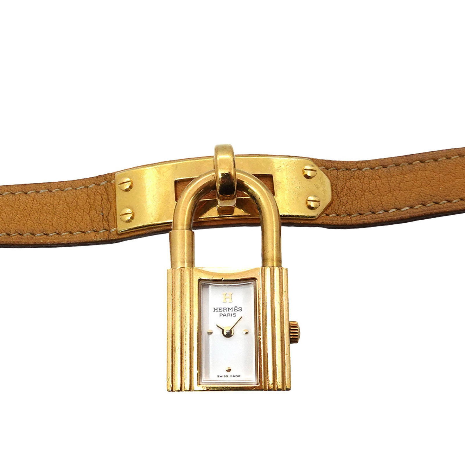 Wristwatch Hermes: Wristwatch Hermes A stunning gold-plated Hermes wristwatch, perfect for making a statement, boasts a sleek white dial and adjustable leather strap with stainless steel accents. With its 20mm case diam