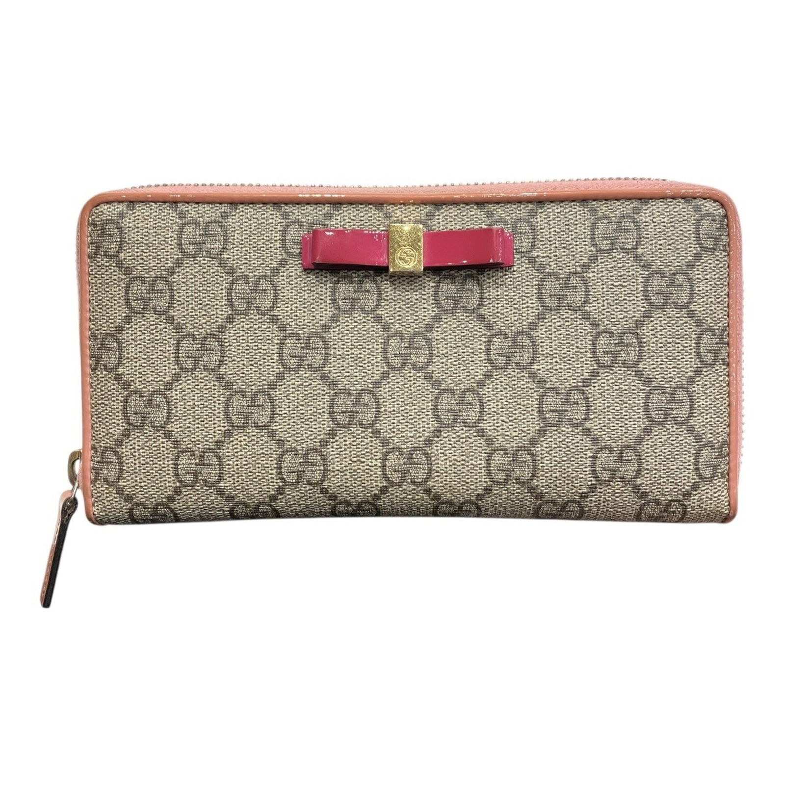Canvas - Gucci Long Wallet (Bi-Fold) Gg Supreme: Canvas - Gucci Long Wallet (Bi-Fold) Gg Supreme A pre-owned Gucci Long Wallet in Beige and Pink, crafted from Gg Supreme canvas, boasts a sleek bi-fold design that adds a touch of luxury to any