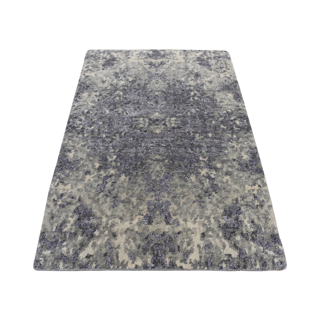 Rug 2'x3' Gray Abstract Design Wool and Silk Hand Knotted Sample Mat: Rug 2'x3' Gray Abstract Design Wool and Silk Hand Knotted Sample Mat Experience the rich textures and vibrant colors of India with this stunning 2'x3' hand-knotted rug, expertly woven from wool and