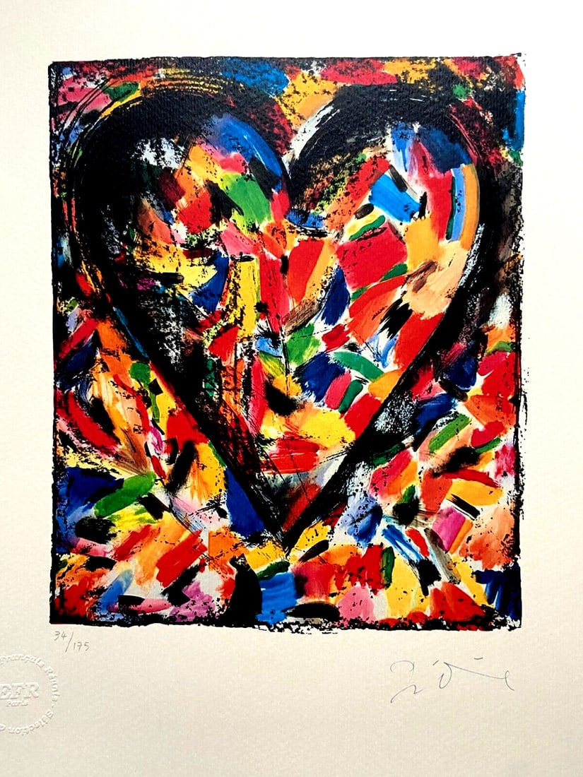 Jim Dine Lithograph #175 (Op Numbered): Jim Dine Lithograph #175 (Op Numbered) A rare and vibrant example of Jim Dine's unique style, this 1990 lithograph 'Heart of confetti' showcases the artist's signature blend of pop culture and fine