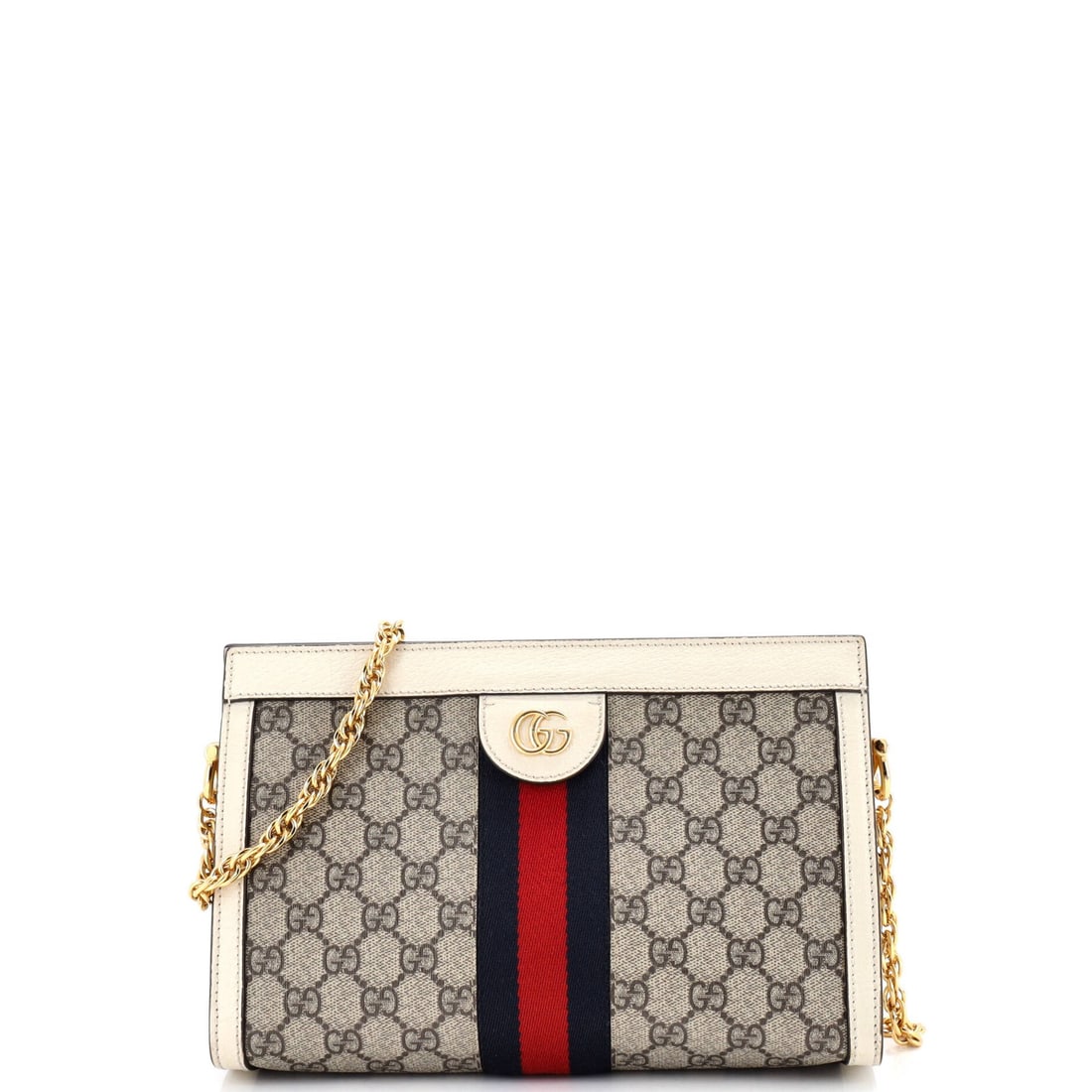 Gucci Ophidia Chain Shoulder Bag in Small GG Coated Canvas: Gucci Ophidia Chain Shoulder Bag in Small GG Coated Canvas The Gucci Ophidia Chain Shoulder Bag is a sleek and sophisticated accessory that exudes luxury. With its neutral canvas exterior, gold