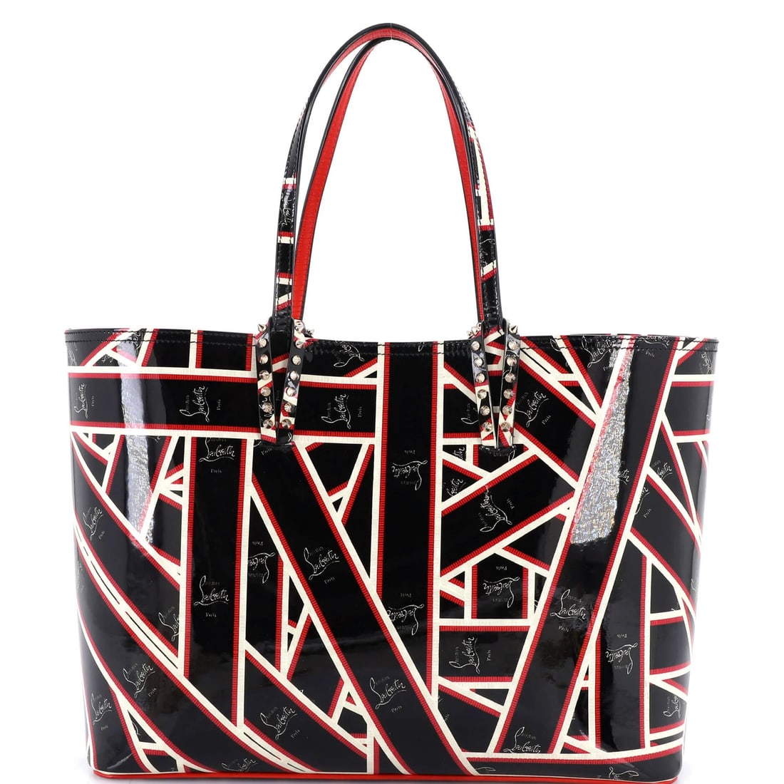 Large Christian Louboutin Cabata East West Tote Printed Patent: Large Christian Louboutin Cabata East West Tote Printed Patent A stunning Large Christian Louboutin Cabata East West Tote in black patent leather, boasting the iconic red interior and sleek silver har