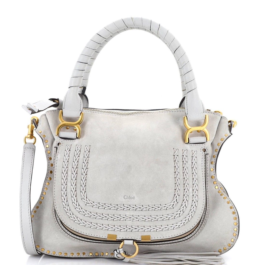 Medium Chloe Marcie Satchel Whipstitch Studded Suede: Medium Chloe Marcie Satchel Whipstitch Studded Suede The Chloe Marcie Satchel Whipstitch Studded Suede is a timeless, edgy accessory that exudes luxury and sophistication. With its signature whipstitc