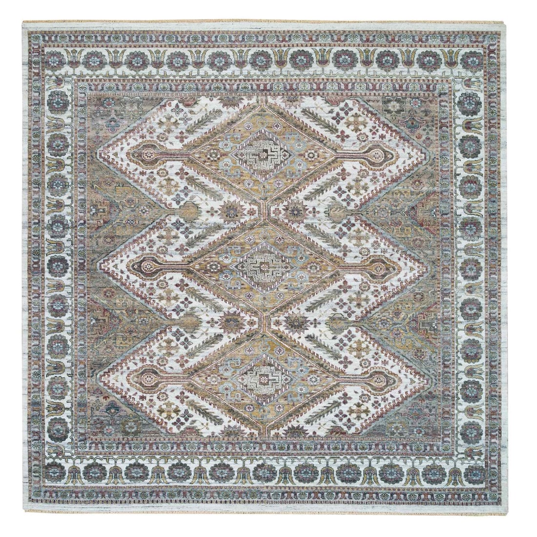 Rug 9'10"x10' Ivory Wool Hand Knotted Flower Rosettes Border Oriental: Rug 9'10"x10' Ivory Wool Hand Knotted Flower Rosettes Border Oriental Experience the rich beauty of India with this stunning 9'10"x10' Ivory Wool Hand Knotted Flower Rosettes Border Oriental rug, expe