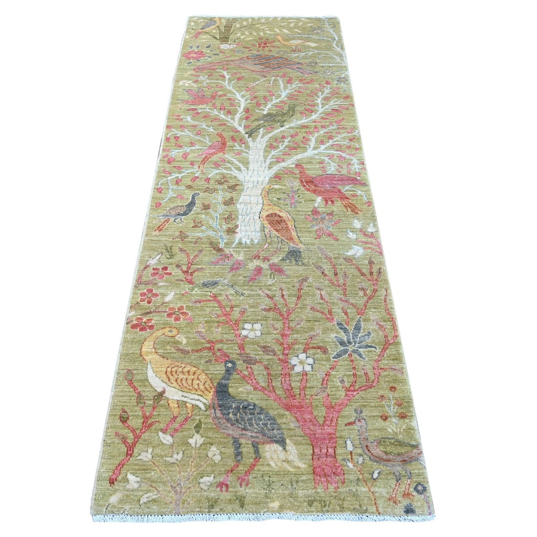 Runner 2'8"x8'3" Green Birds of Paradise Design Hand Knotted Wool: Runner 2'8"x8'3" Green Birds of Paradise Design Hand Knotted Wool Experience the vibrant beauty of Afghan craftsmanship with this stunning 2'8"x8'3" Green Birds of Paradise Design Hand Knotted Wool