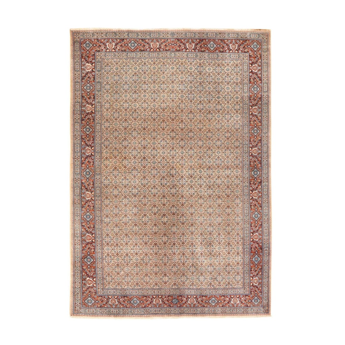 Oriental 6'7"x9'10" Ivory Vintage Zoroastrian Tebraz Hand Knotted Pure Wool: Oriental 6'7"x9'10" Ivory Vintage Zoroastrian Tebraz Hand Knotted Pure Wool Experience the timeless elegance of this exquisite, vintage Zoroastrian tebraz rug from Turkey, crafted with exceptional