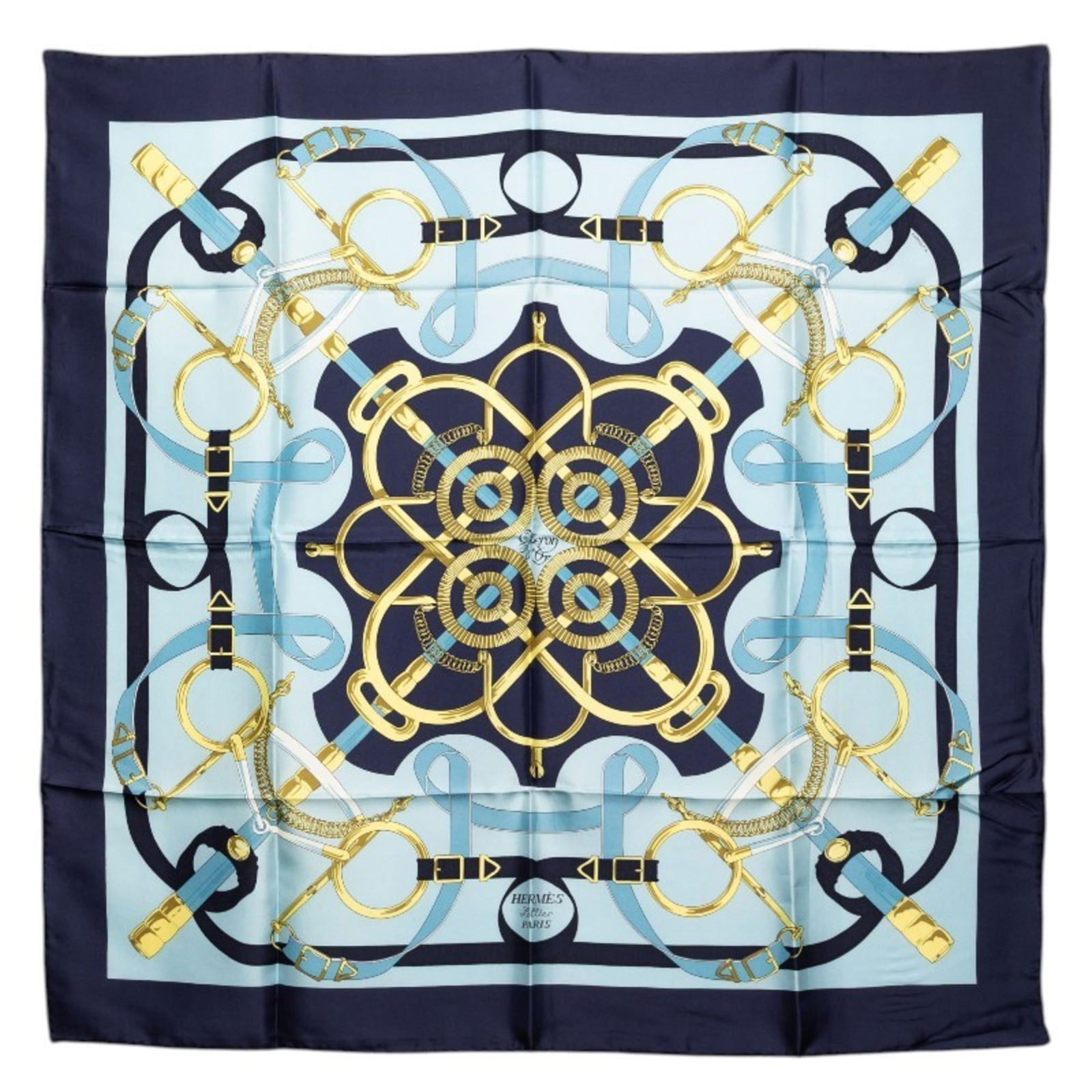 Hermes Silk Scarf: Hermes Silk Scarf A pre-owned Hermes silk scarf in vibrant blue and sunshine yellow hues, adding a pop of color to any outfit. Made from luxurious silk, this 88cm x 88cm square scarf boasts the