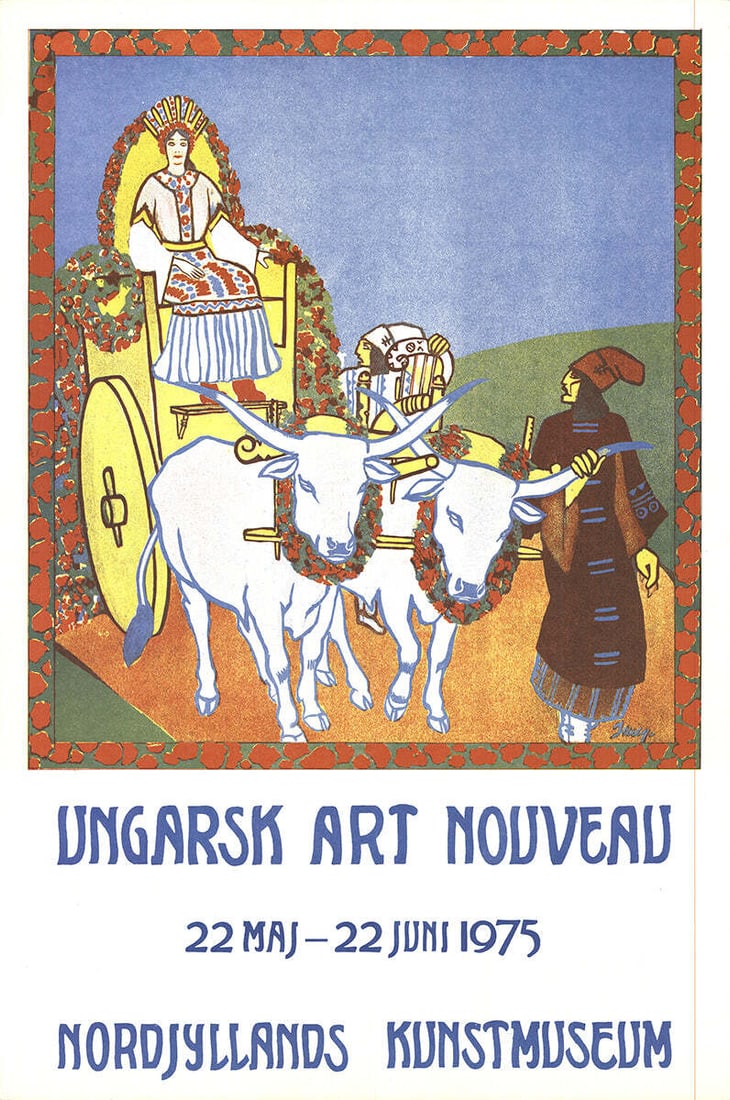 Hungarian Art Nouveau Lithograph, 37.25" x 24.75", 1975: Hungarian Art Nouveau Lithograph, 37.25" x 24.75", 1975 This stunning Hungarian Art Nouveau lithograph, created in 1975, showcases intricate figures against a rich background, characteristic of the