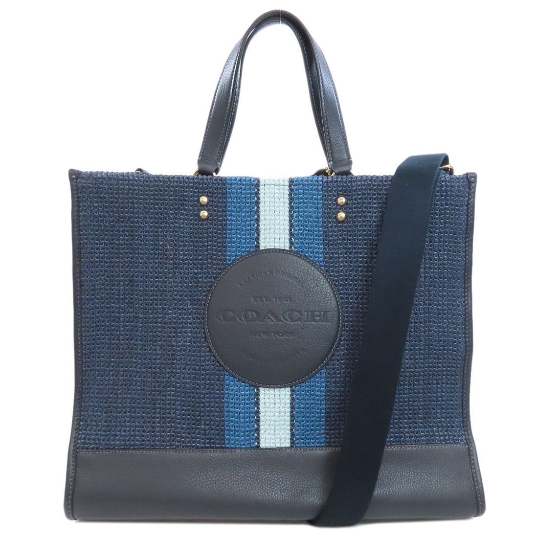 Straw COACH CA593 Dempsey 2WAY Tote Bag: Straw COACH CA593 Dempsey 2WAY Tote Bag Elevate your everyday style with the classic COACH Dempsey 2WAY Tote Bag, crafted from premium straw and boasting a timeless navy hue that's perfect for work