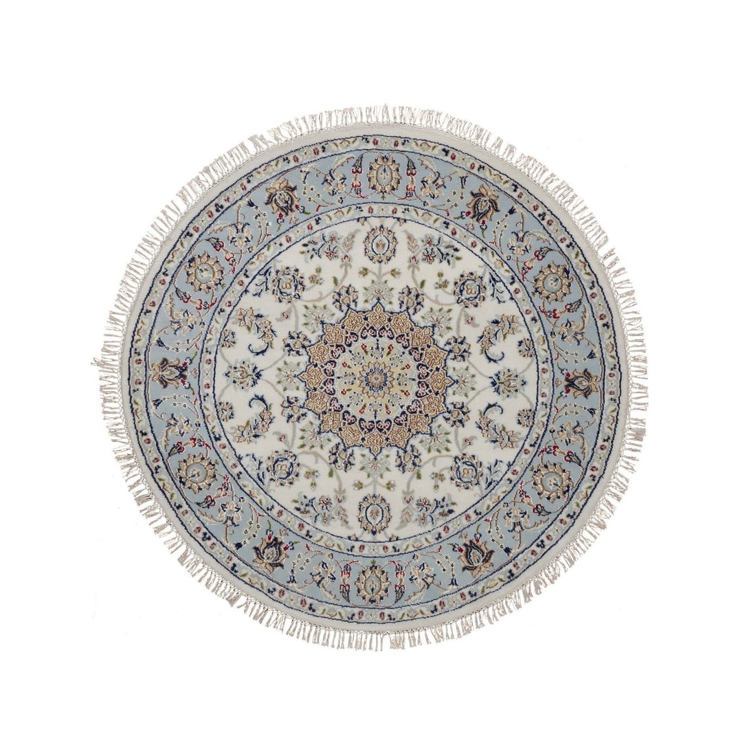 Rug 4'2"x4'2" Ivory Nain with Flower Design Wool & Silk Hand Knotted Round: Rug 4'2"x4'2" Ivory Nain with Flower Design Wool & Silk Hand Knotted Round Experience the timeless beauty of India's rich cultural heritage with this exquisite ivory Nain-style rug, hand-knotted from