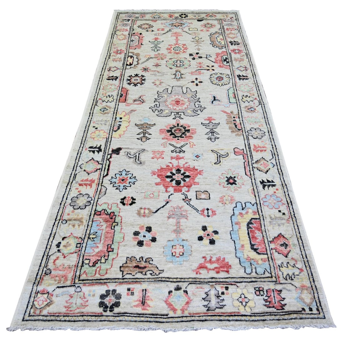 Cloud Gray Afghan Angora Oushak Hand-Knotted Wool Runner Rug (4'1"x9'6"): Cloud Gray Afghan Angora Oushak Hand-Knotted Wool Runner Rug (4'1"x9'6") Experience the timeless elegance of an authentic Afghan Oushak rug, hand-knotted with soft wool and rich in regional design.