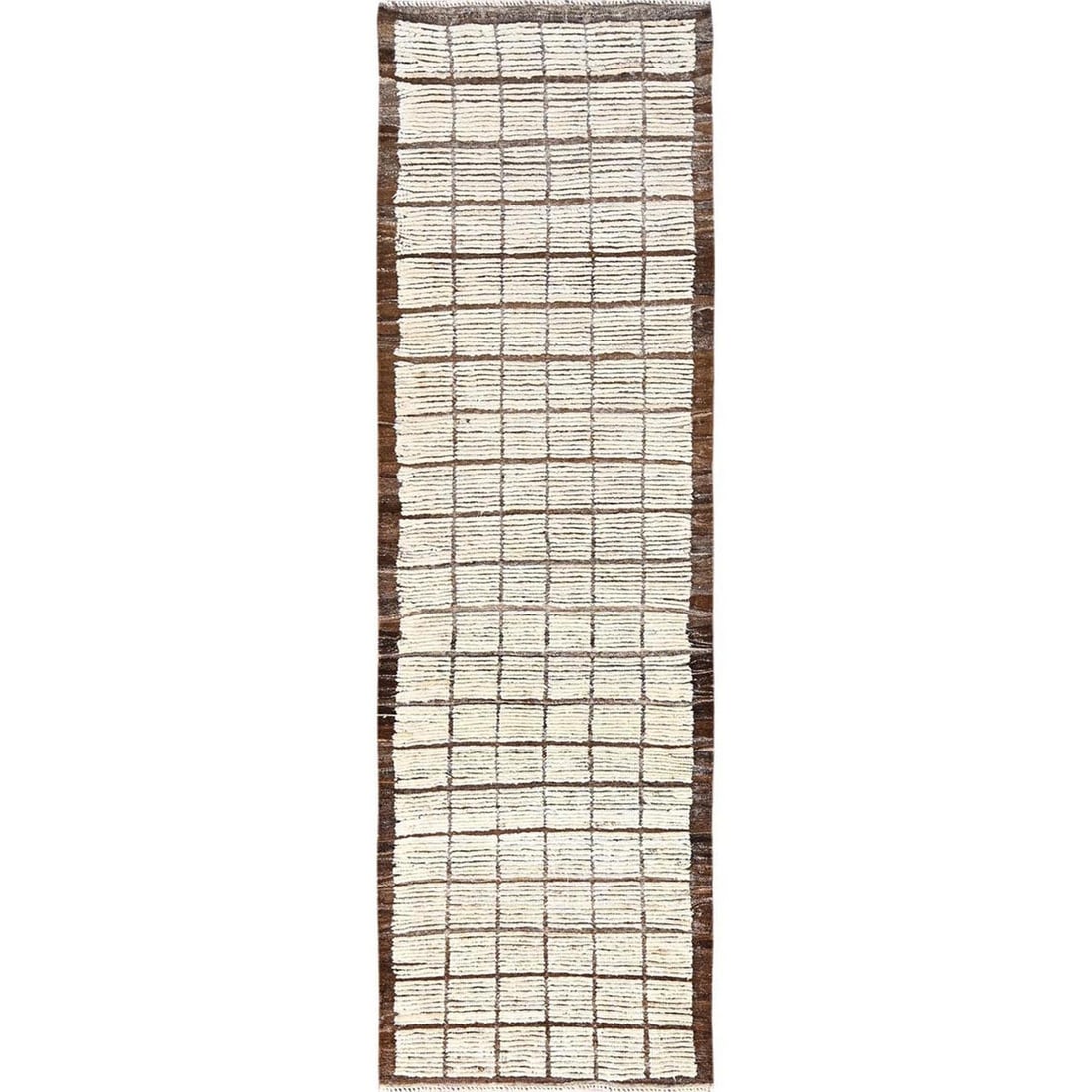 Runner 2'8"x9'5" Ivory Hand Knotted Rug Moroccan Weave Grid Design Wool: Runner 2'8"x9'5" Ivory Hand Knotted Rug Moroccan Weave Grid Design Wool Experience the timeless beauty of Moroccan craftsmanship with this stunning hand-knotted wool rug, expertly woven in an