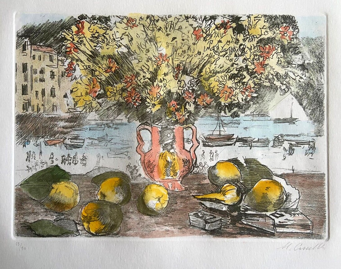 Engraving MICHELE CASCELLA "Vase Of Flowers Portofino" Watercolor: Engraving MICHELE CASCELLA "Vase Of Flowers Portofino" Watercolor A stunning Italian watercolor engraving by MICHELE CASCELLA, "Vase Of Flowers Portofino" is a breathtaking piece of art that captures